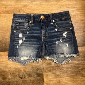 New AMERICAN EAGLE AEO DENIM MIDI SHORTIE STRETCH SHORTS DISTRESSED FRAY